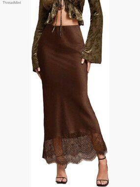 Sexy Satin Lace Patchwork Midi Skirt Tight Fitted Flowy A-Line